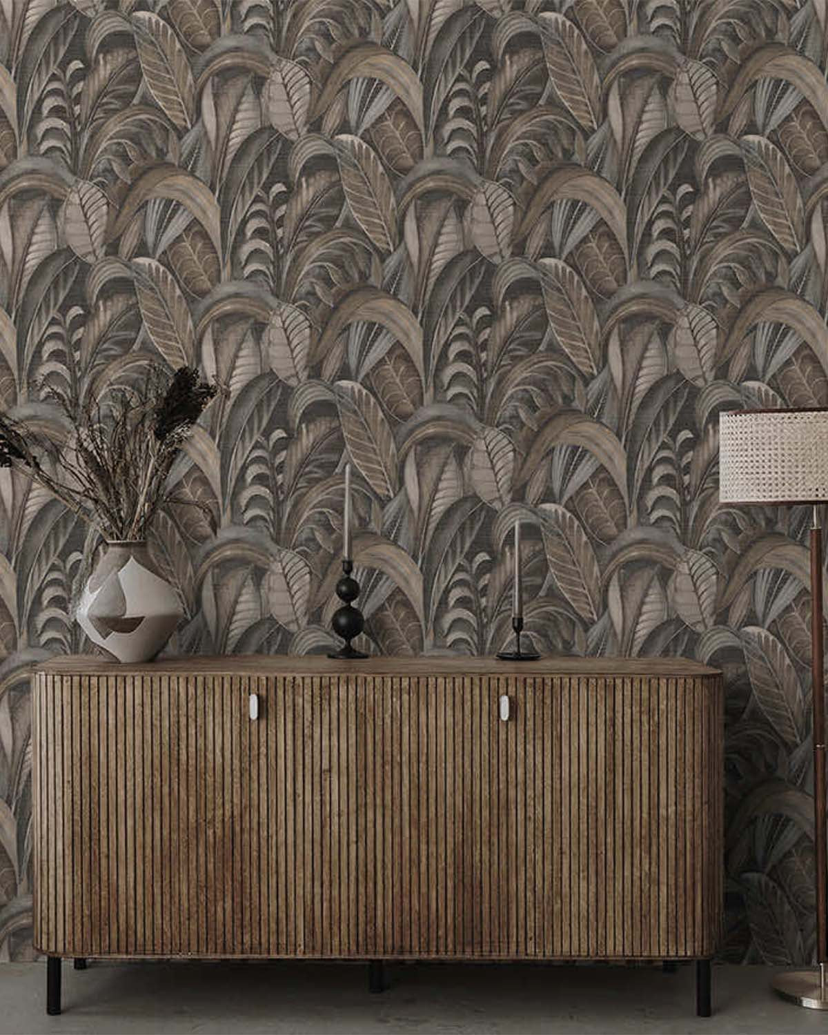 Charcoal Palm Leaf Textured Wallpaper R8420