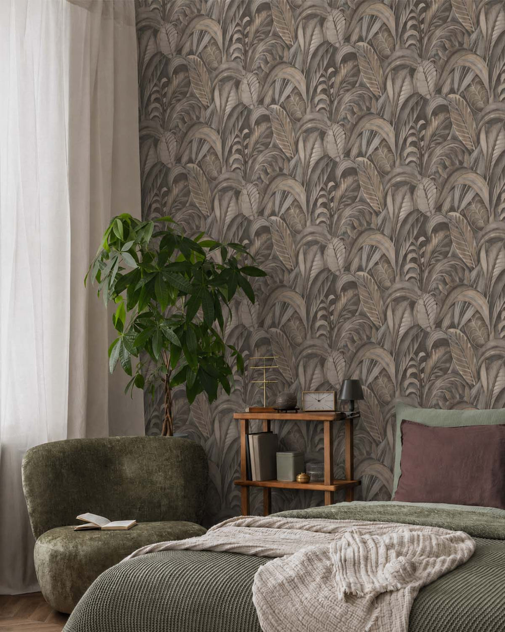 Charcoal Palm Leaf Textured Wallpaper R8420