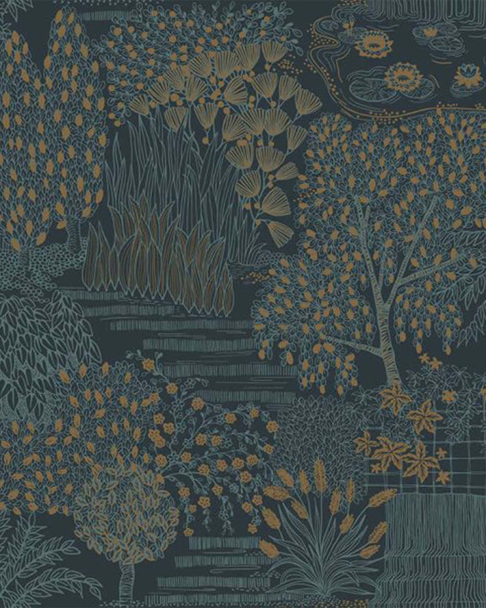 Blue Japanese Gardens Inspired Tropical Wallpaper R8426