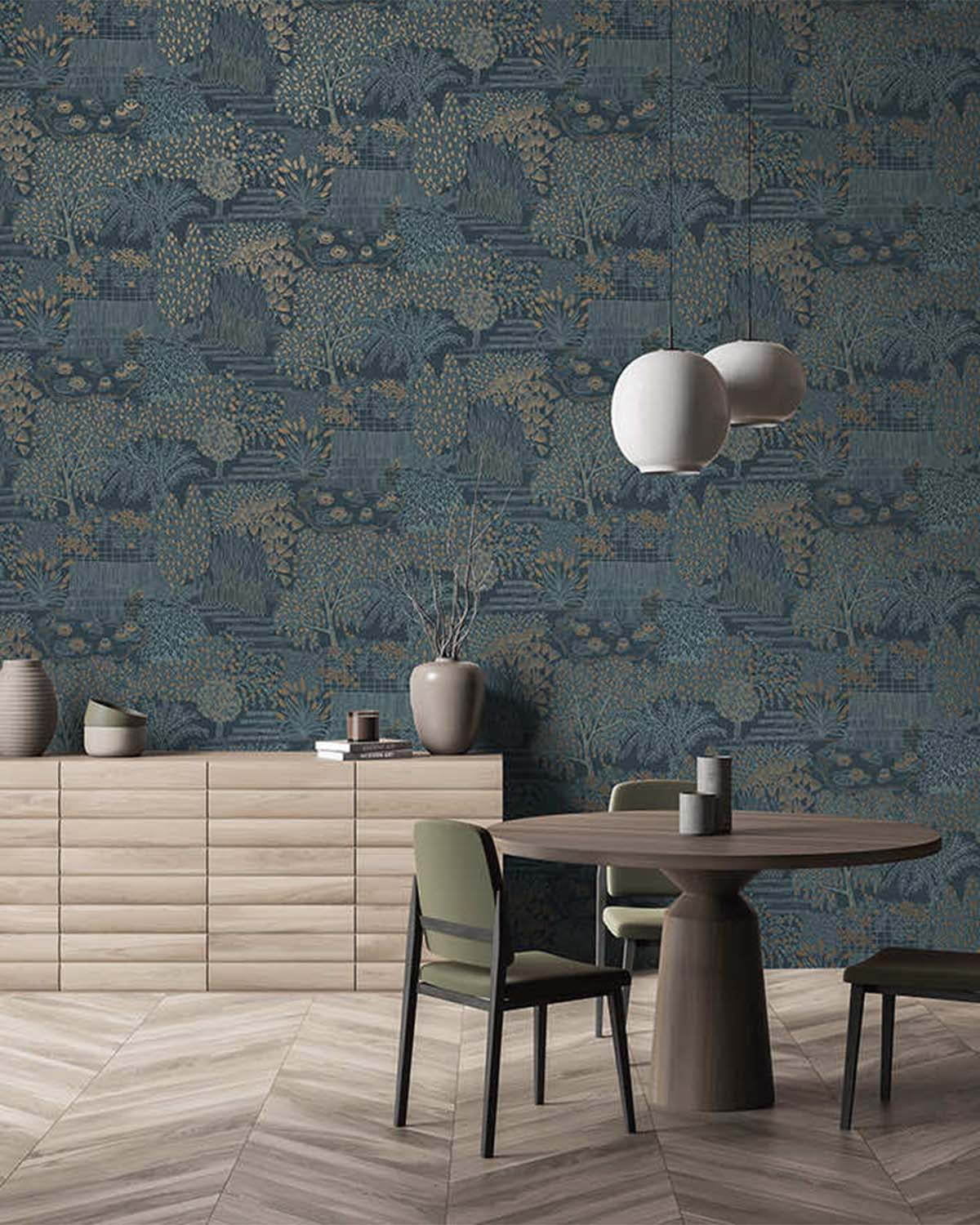Blue Japanese Gardens Inspired Tropical Wallpaper R8426