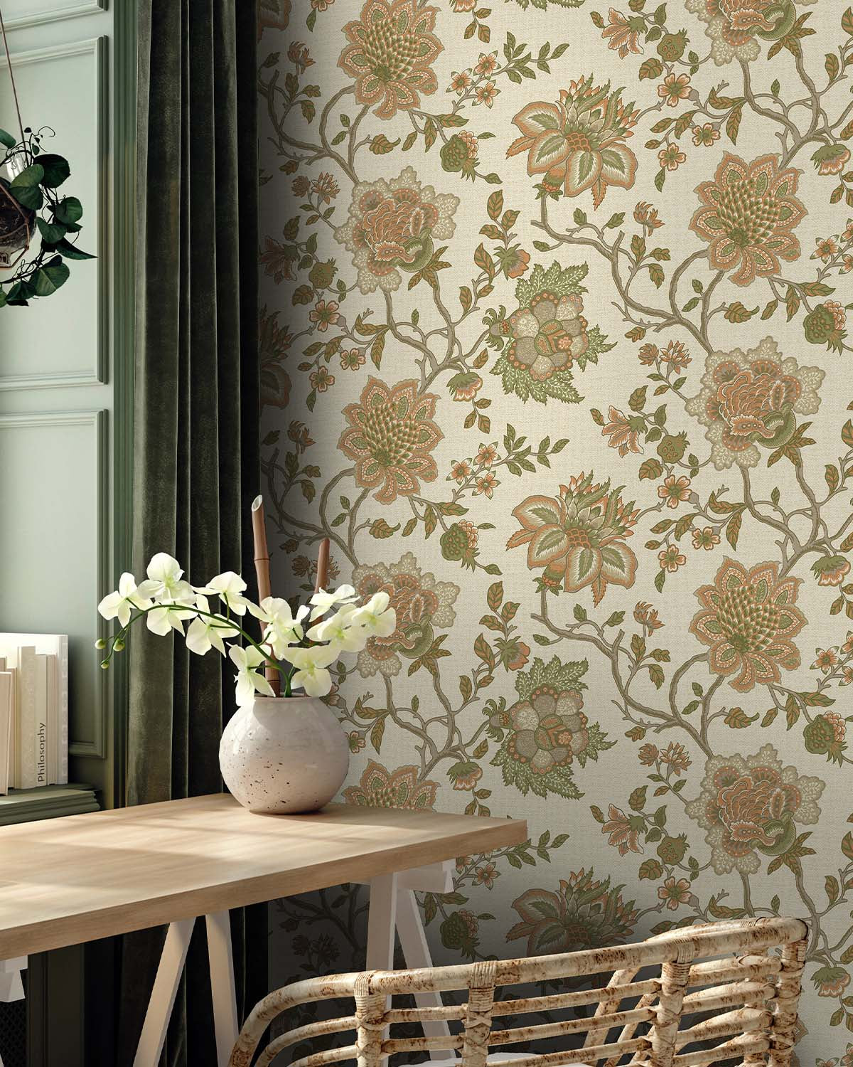 Orange Sage Jacobean Flower Tropical Wallpaper R8791