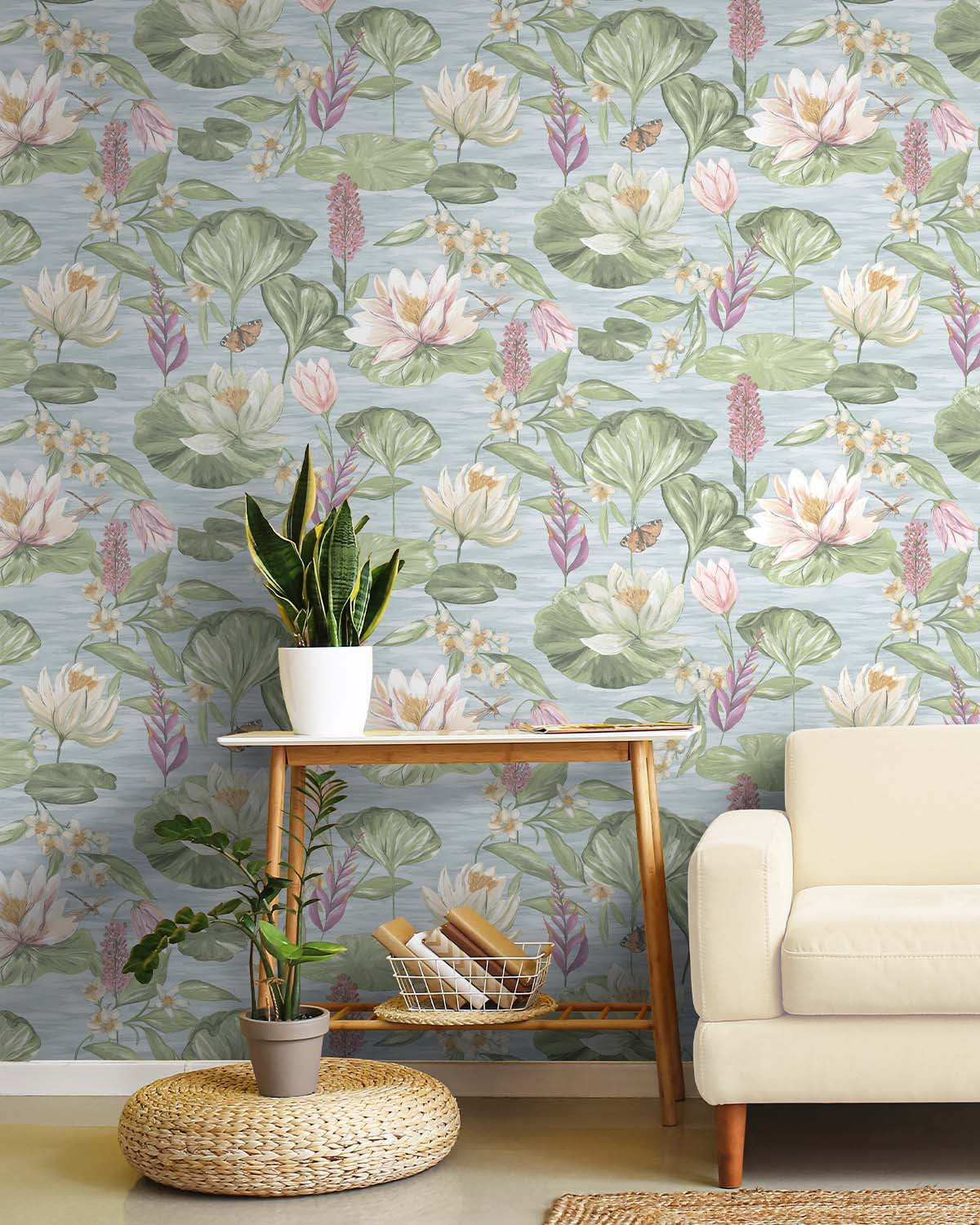 Blue Painted Waterlily Floral Wallpaper R8802