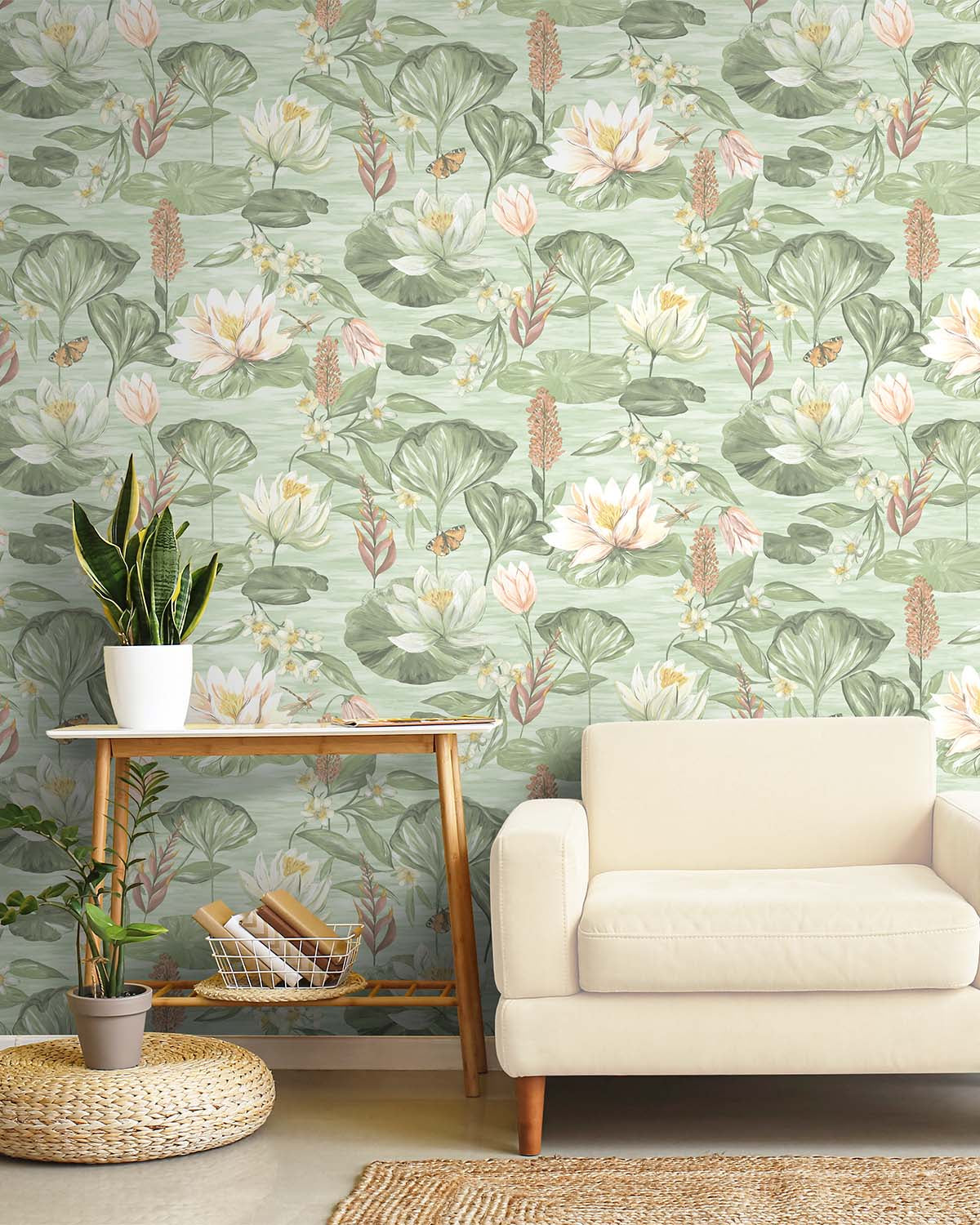 Green Painted Waterlily Floral Wallpaper R8803