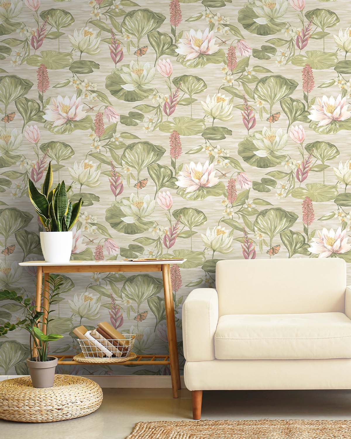 Beige Painted Waterlily Floral Wallpaper R8804