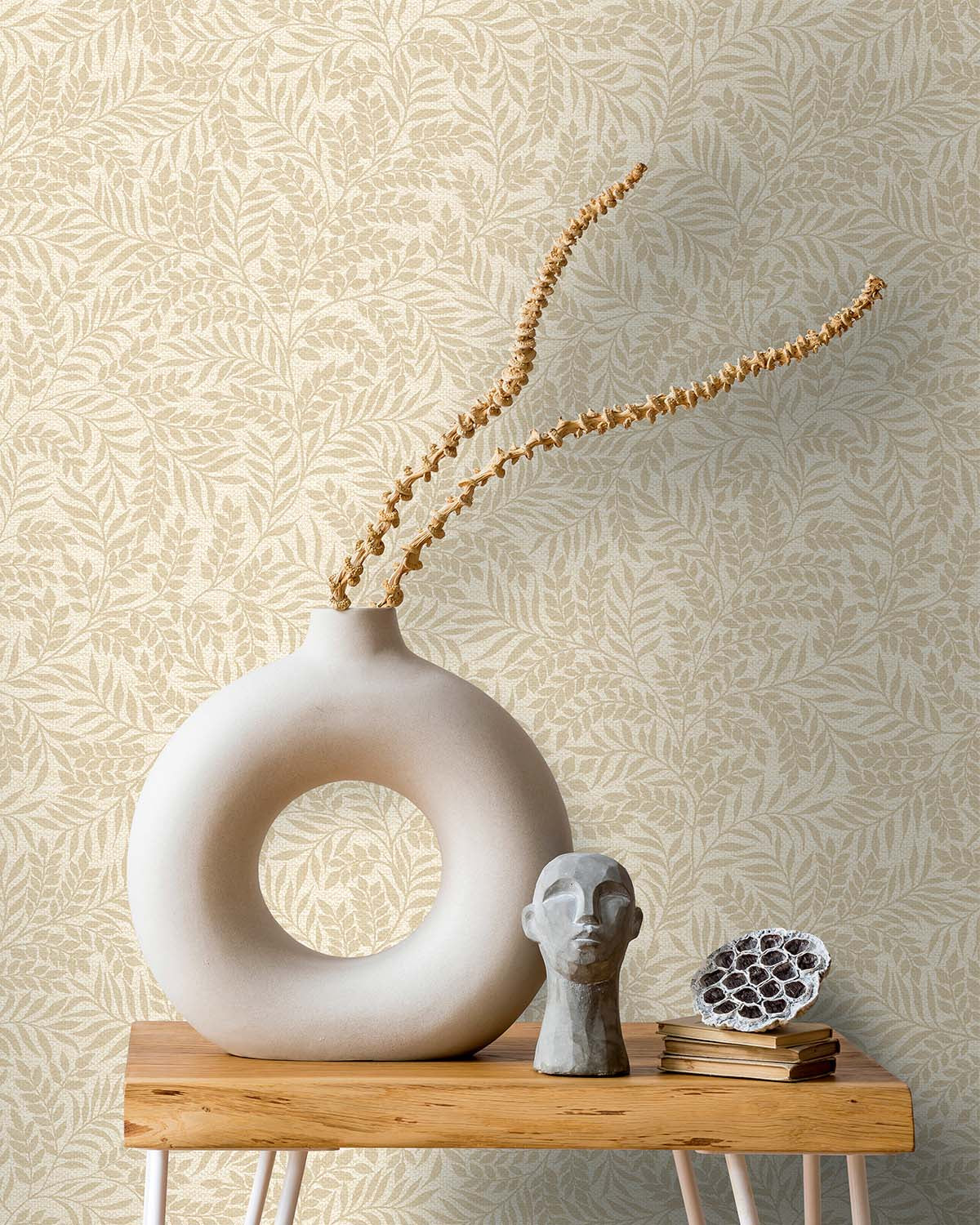 Beige Trailing Minimalist Leaves Tropical Wallpaper R8805