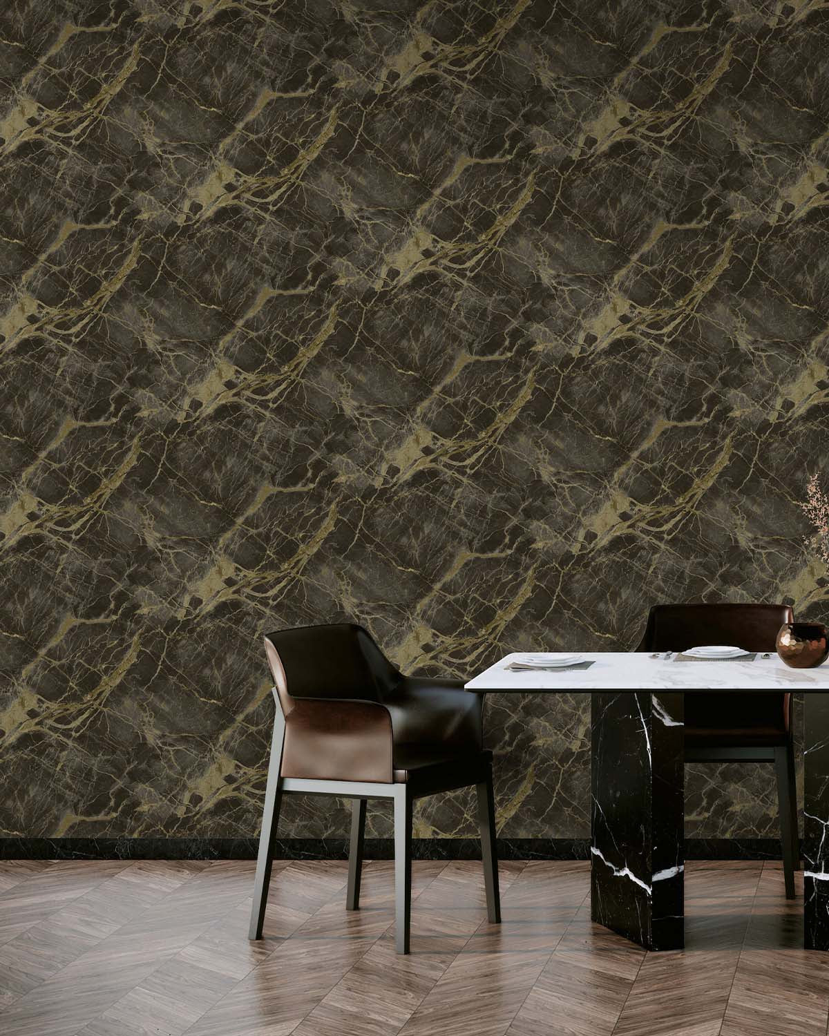 Charcoal Gold Marble Stone Like Textured Wallpaper R8921
