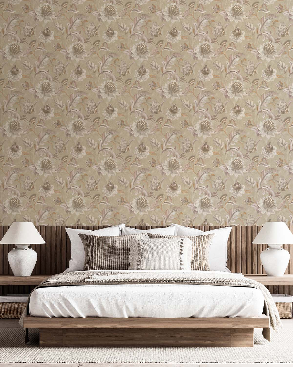 Blush Coral Jacobean Style Floral Wallpaper R8943