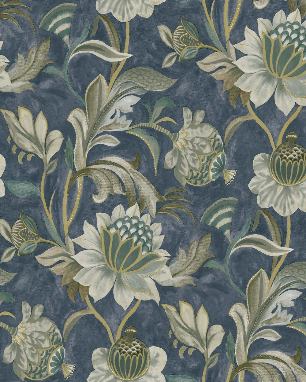 Navy Jacobean Style Floral Wallpaper R8945