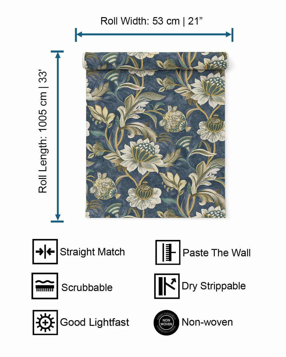 Navy Jacobean Style Floral Wallpaper R8945