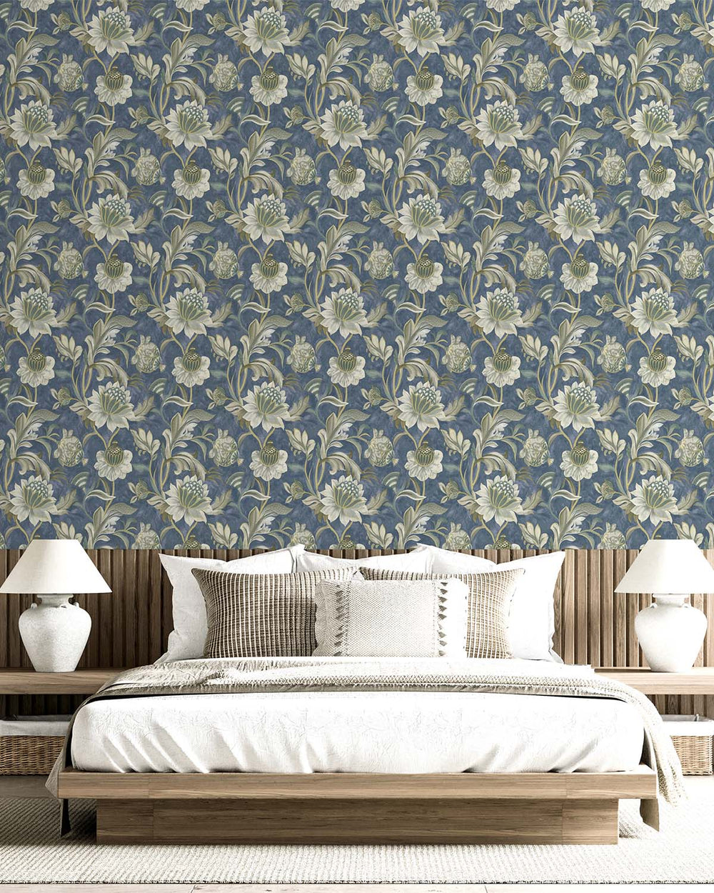 Navy Jacobean Style Floral Wallpaper R8945