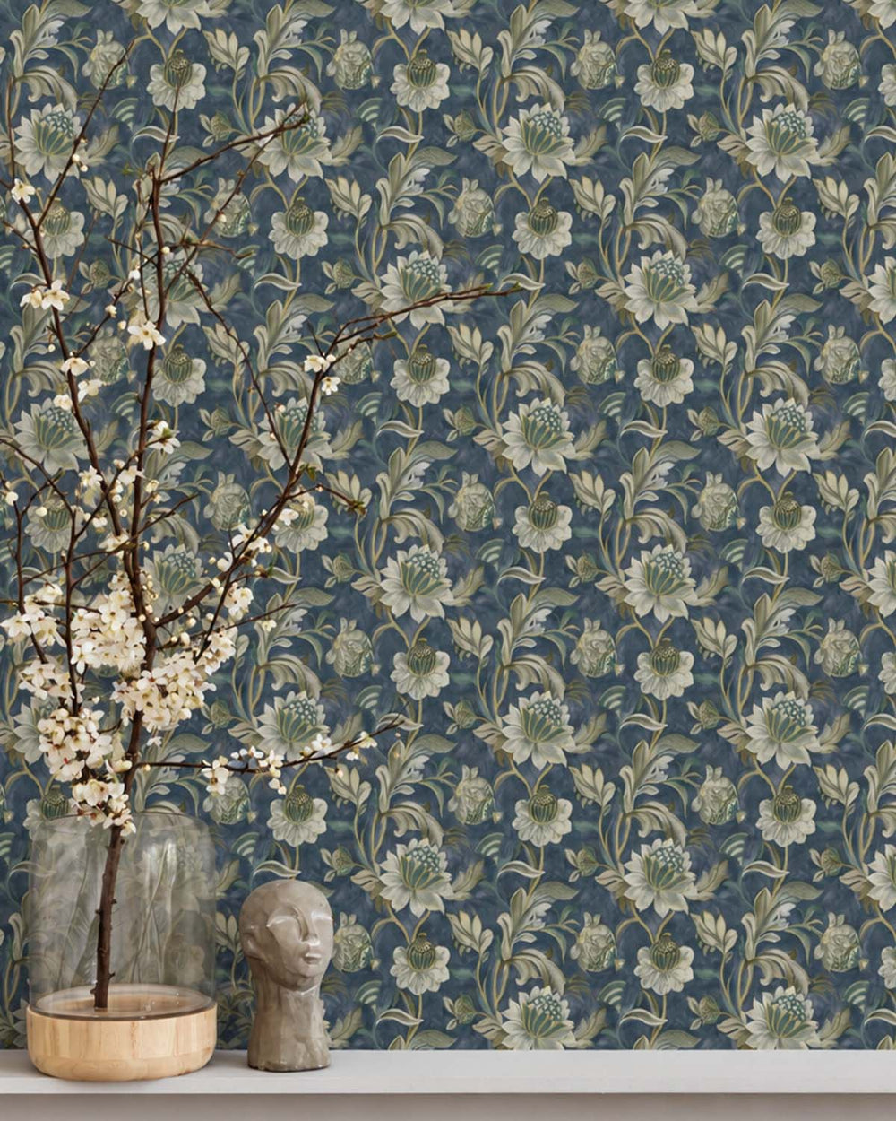 Navy Jacobean Style Floral Wallpaper R8945