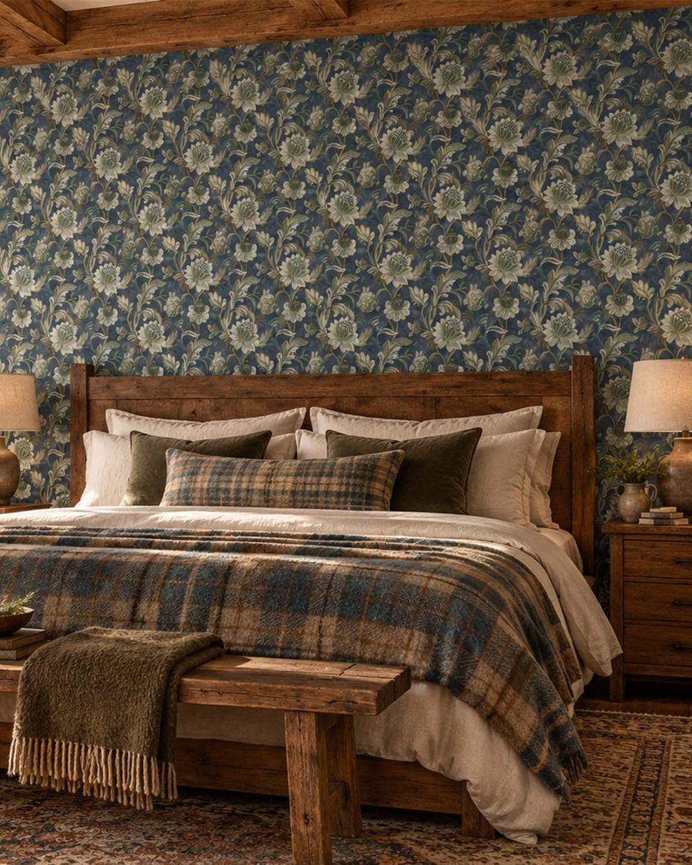 Navy Jacobean Style Floral Wallpaper R8945