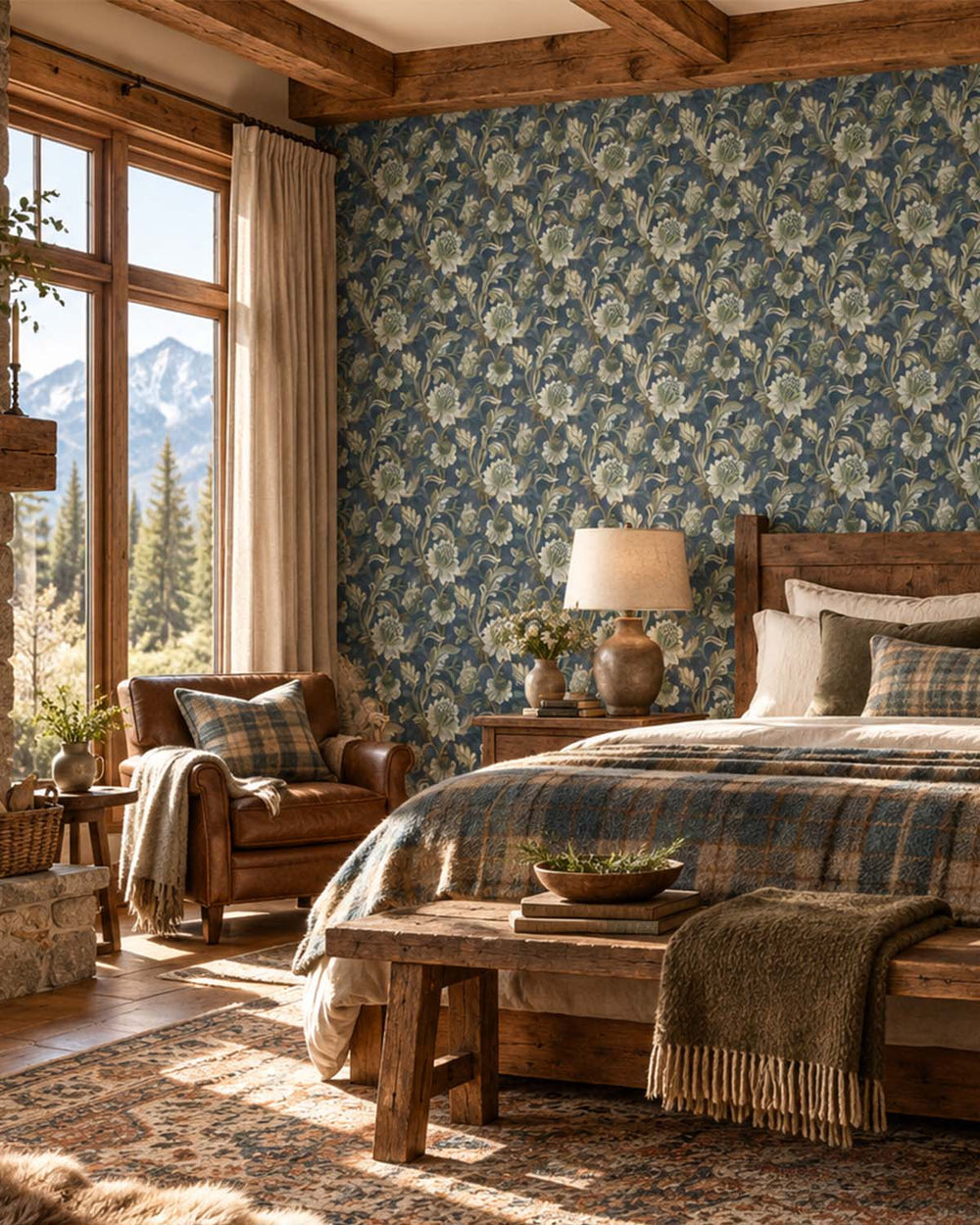 Navy Jacobean Style Floral Wallpaper R8945