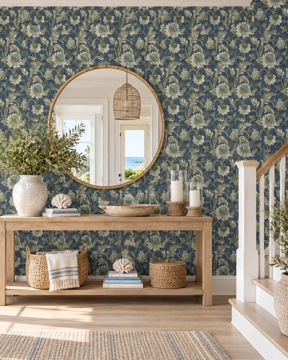 Navy Jacobean Style Floral Wallpaper R8945