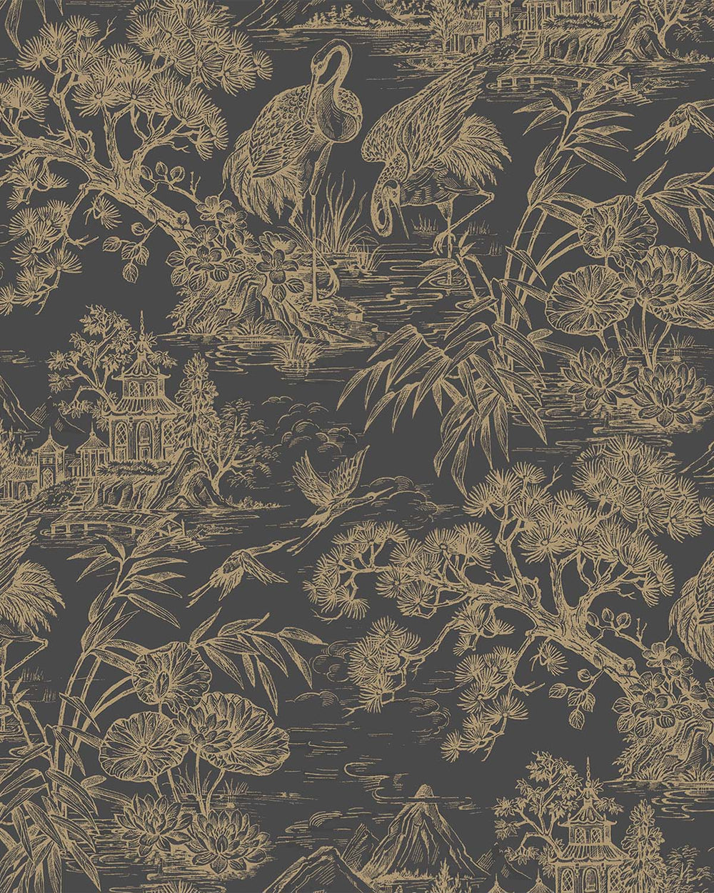 Charcoal Gold Majestic Crane Tropical Wallpaper R8969