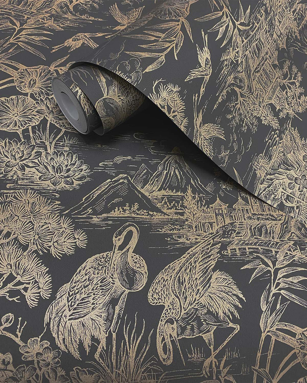 Charcoal Gold Majestic Crane Tropical Wallpaper R8969
