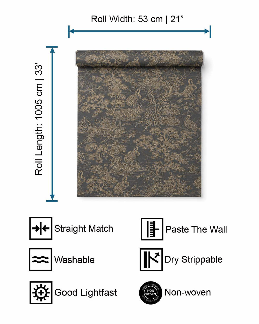 Charcoal Gold Majestic Crane Tropical Wallpaper R8969