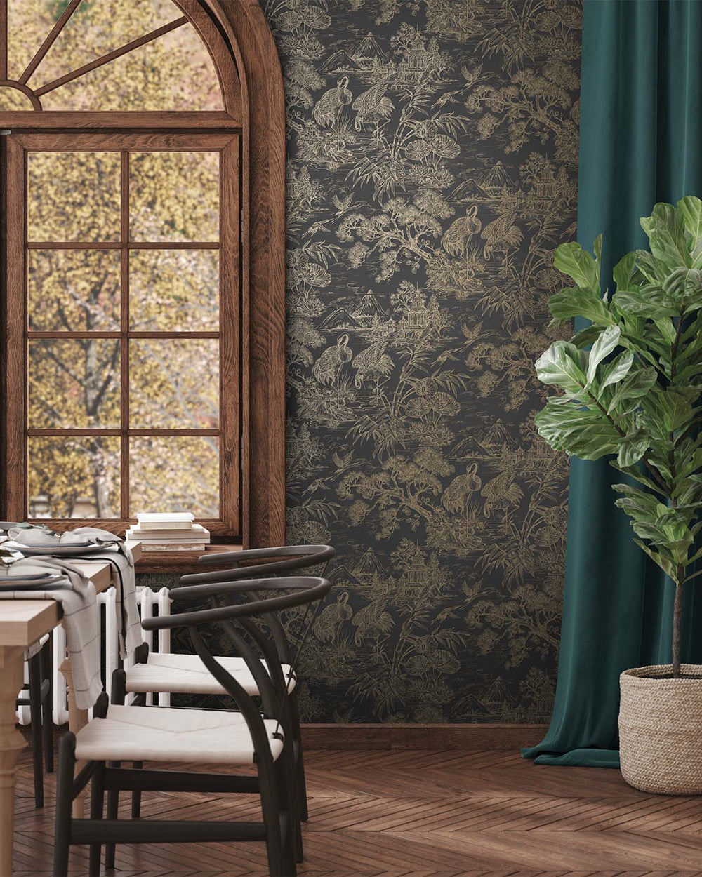 Charcoal Gold Majestic Crane Tropical Wallpaper R8969