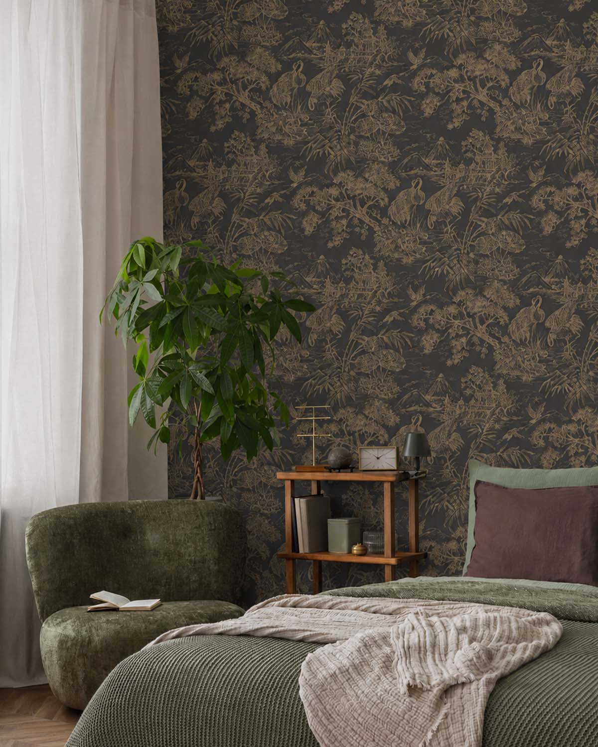 Charcoal Gold Majestic Crane Tropical Wallpaper R8969