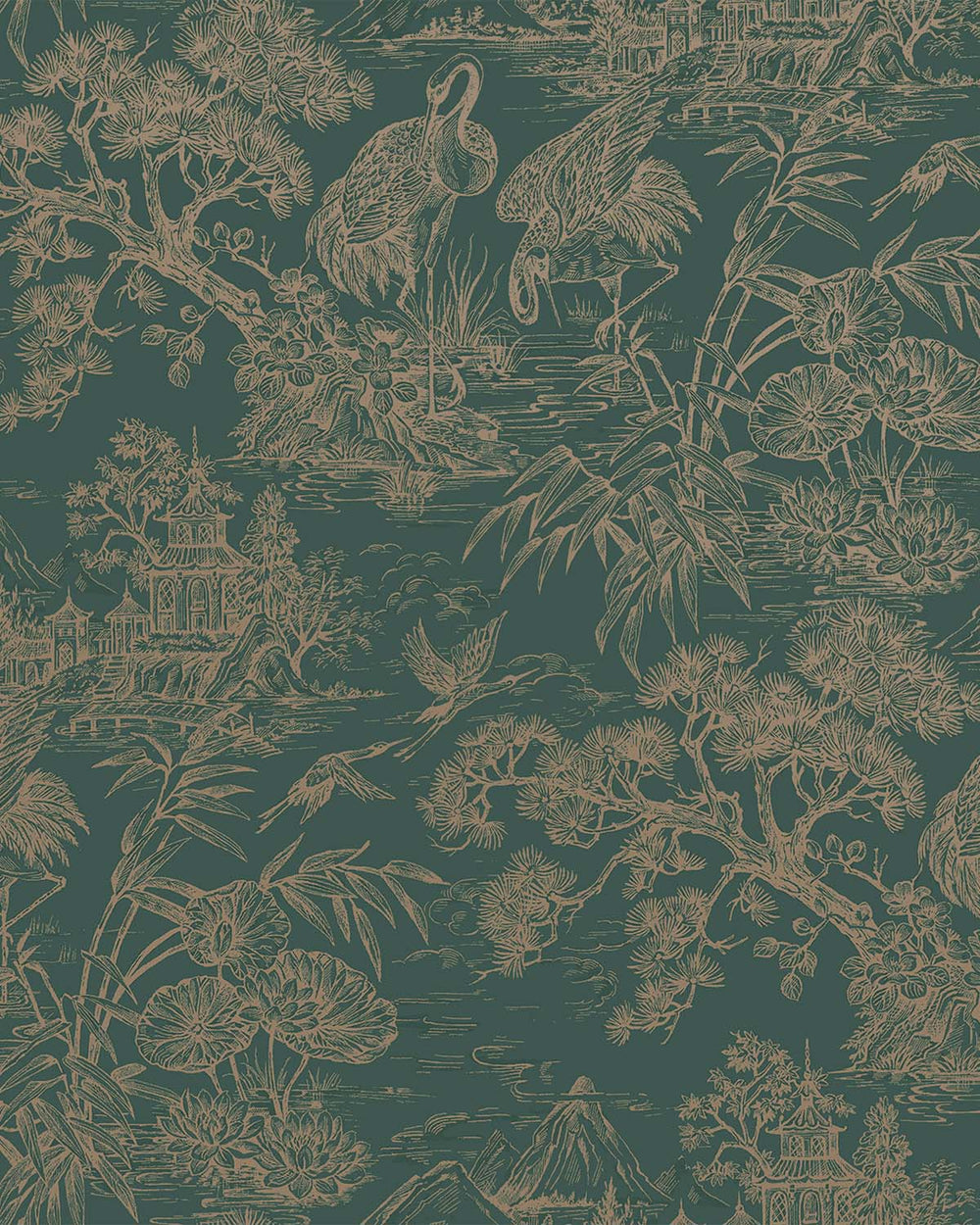 Aqua Gold Majestic Crane Tropical Wallpaper R8970