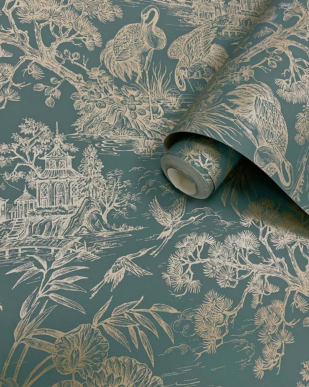 Aqua Gold Majestic Crane Tropical Wallpaper R8970