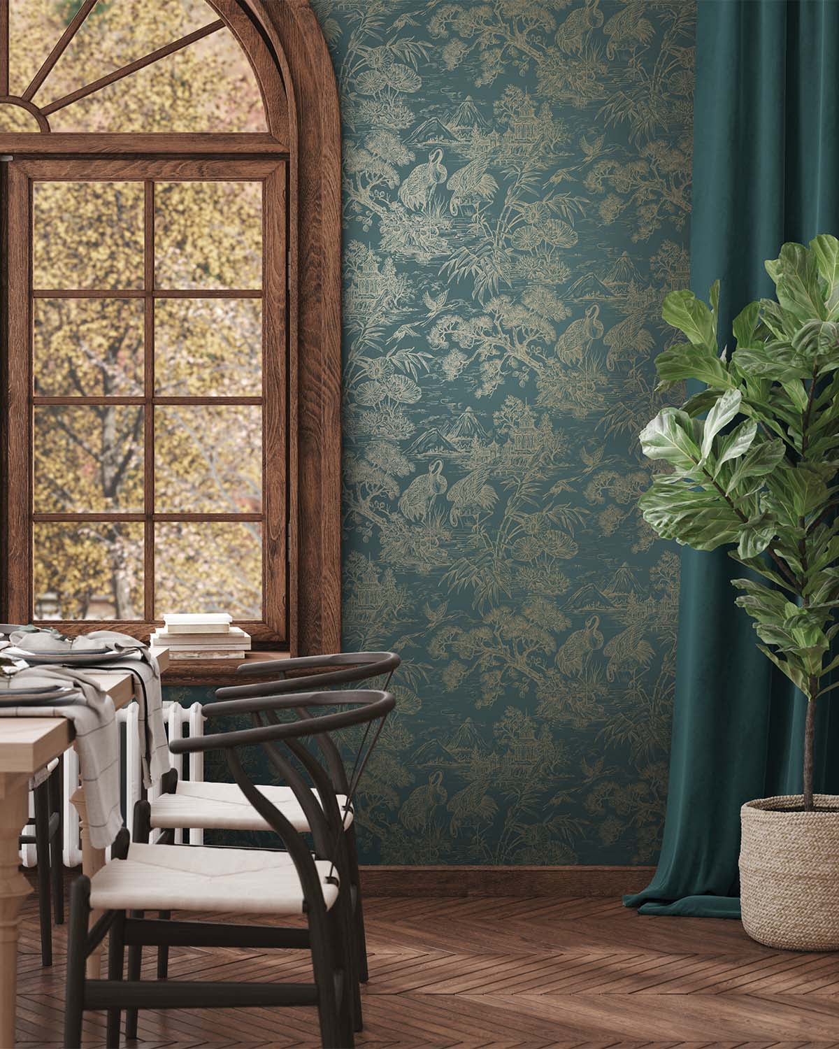 Aqua Gold Majestic Crane Tropical Wallpaper R8970