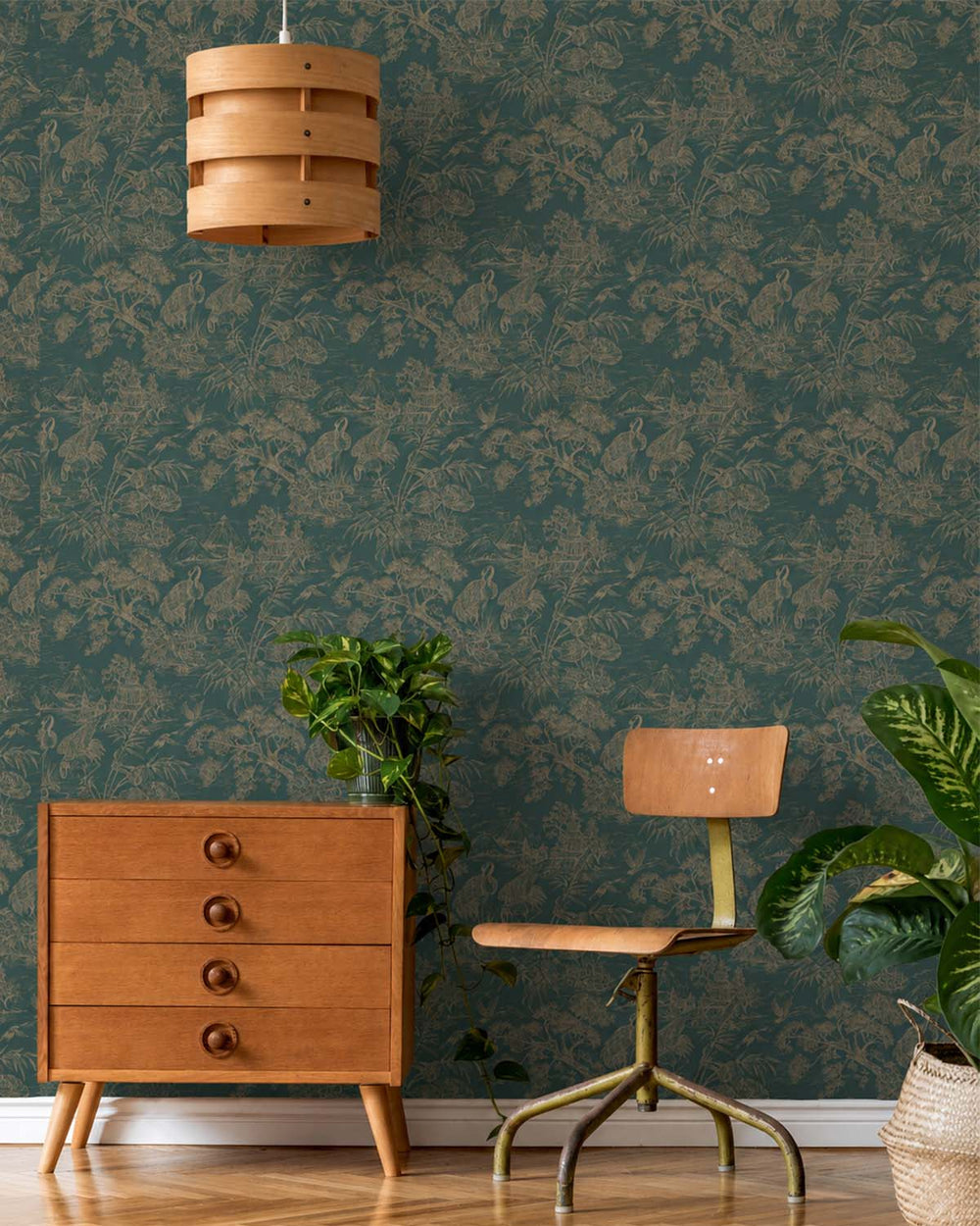 Aqua Gold Majestic Crane Tropical Wallpaper R8970