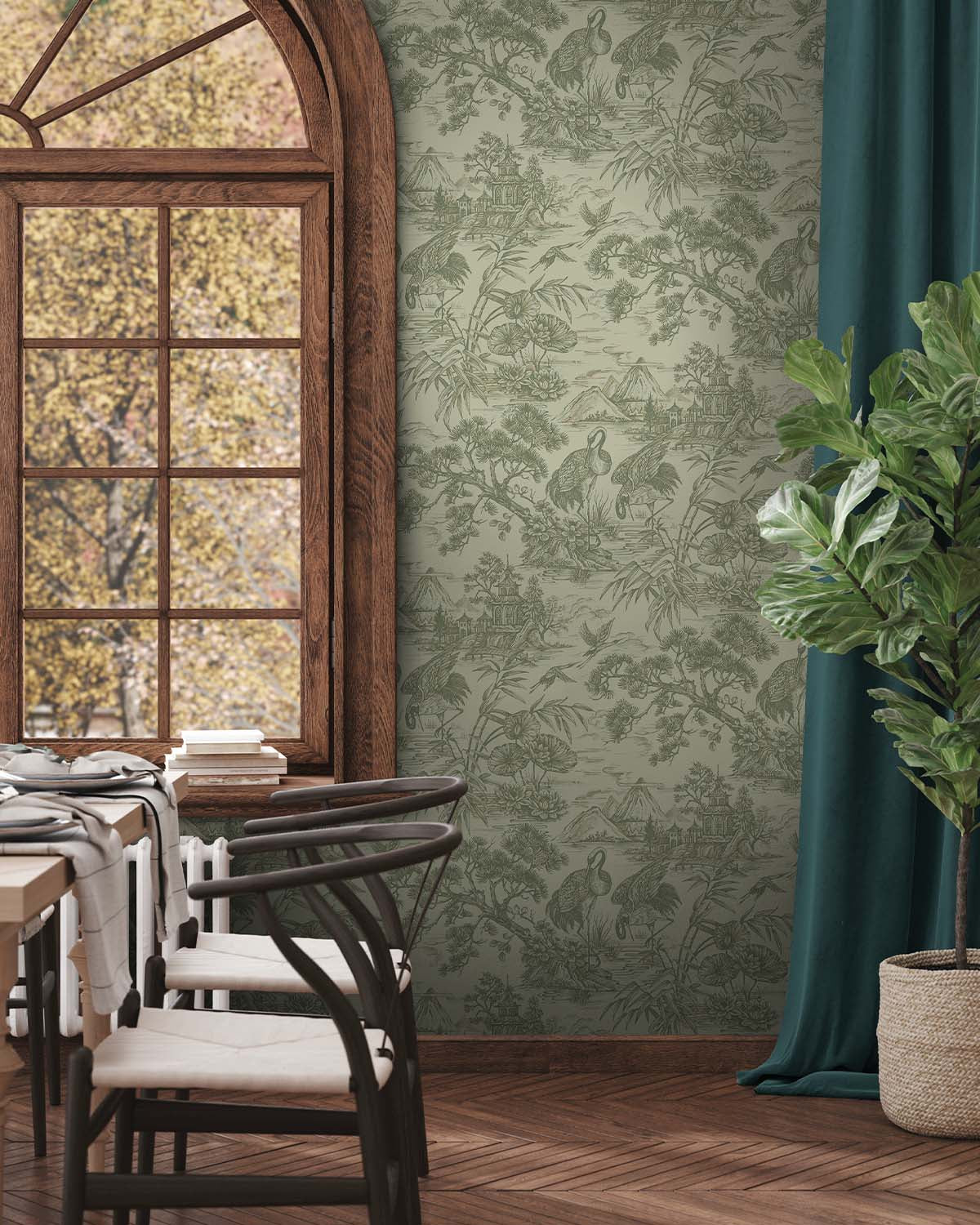 Sage Majestic Crane Tropical Wallpaper R8972