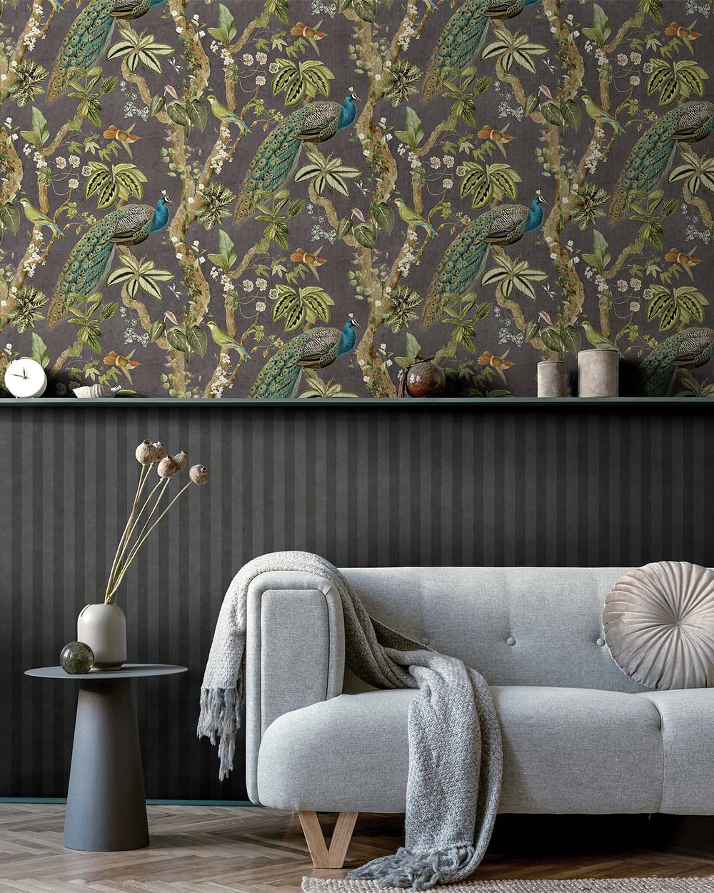 Charcoal Climbing Peacock & Climbing Florals Tropical Wallpaper R8988