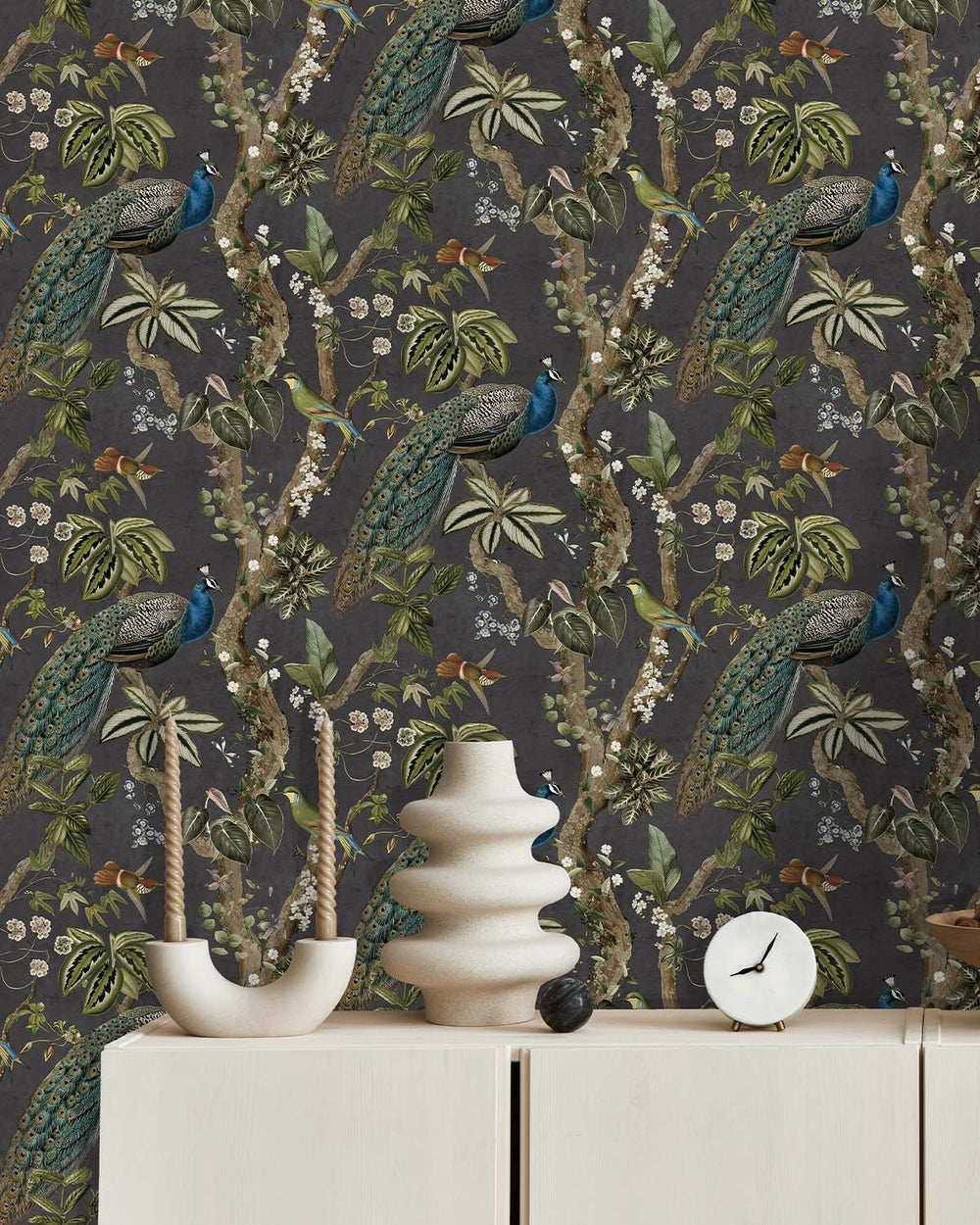Charcoal Climbing Peacock & Climbing Florals Tropical Wallpaper R8988