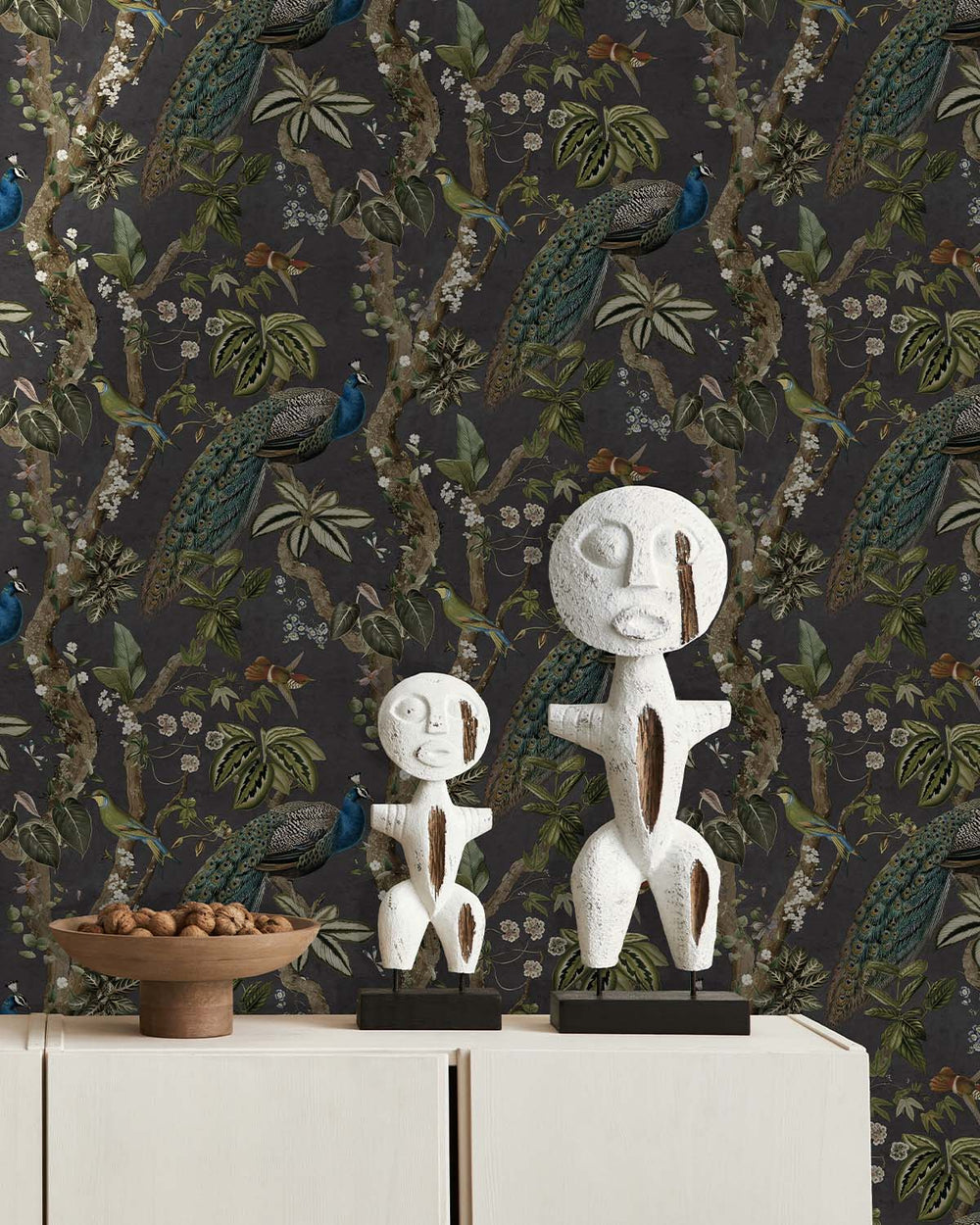 Charcoal Climbing Peacock & Climbing Florals Tropical Wallpaper R8988