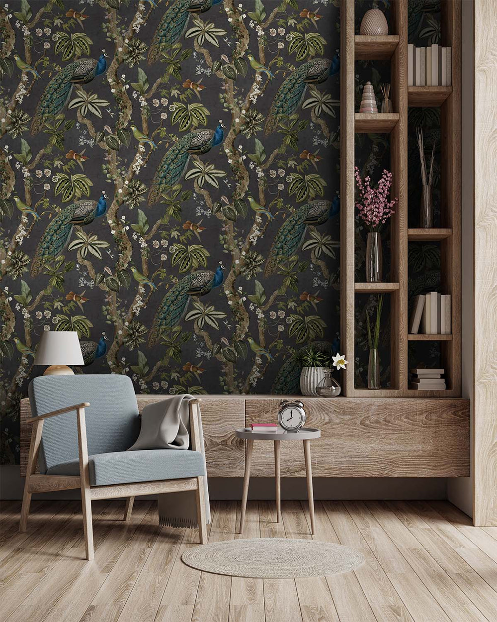 Charcoal Climbing Peacock & Climbing Florals Tropical Wallpaper R8988