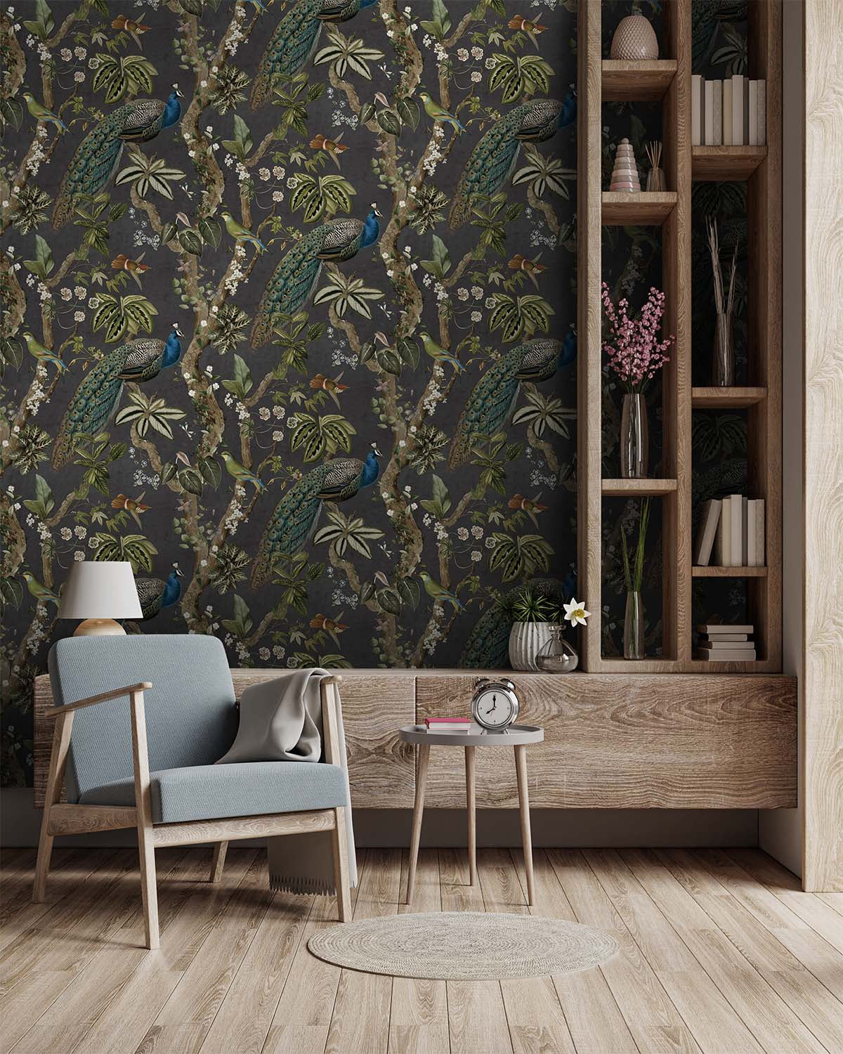 Charcoal Climbing Peacock & Climbing Florals Tropical Wallpaper R8988