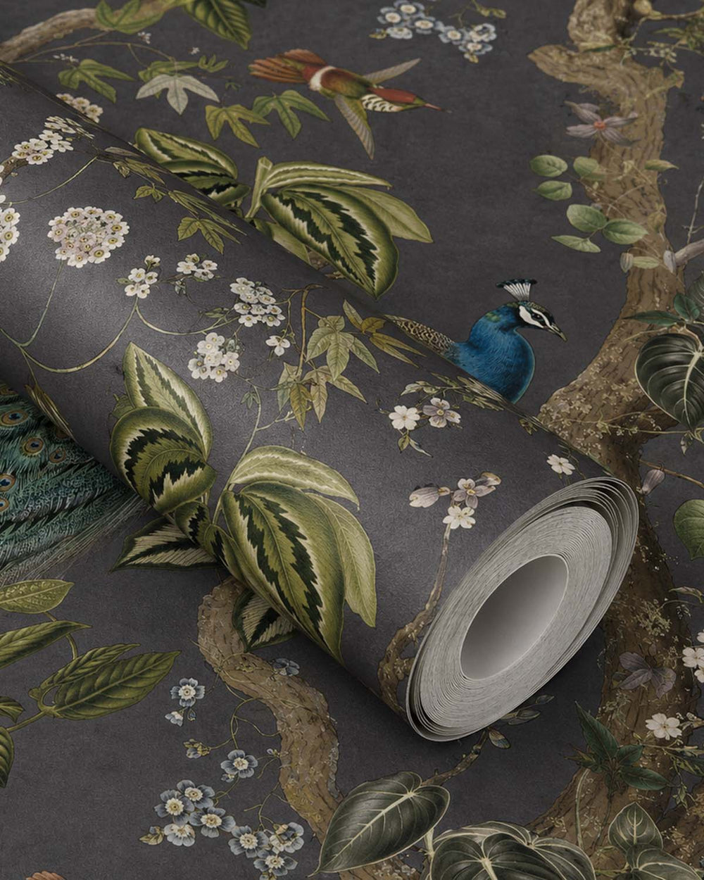 Charcoal Climbing Peacock & Climbing Florals Tropical Wallpaper R8988