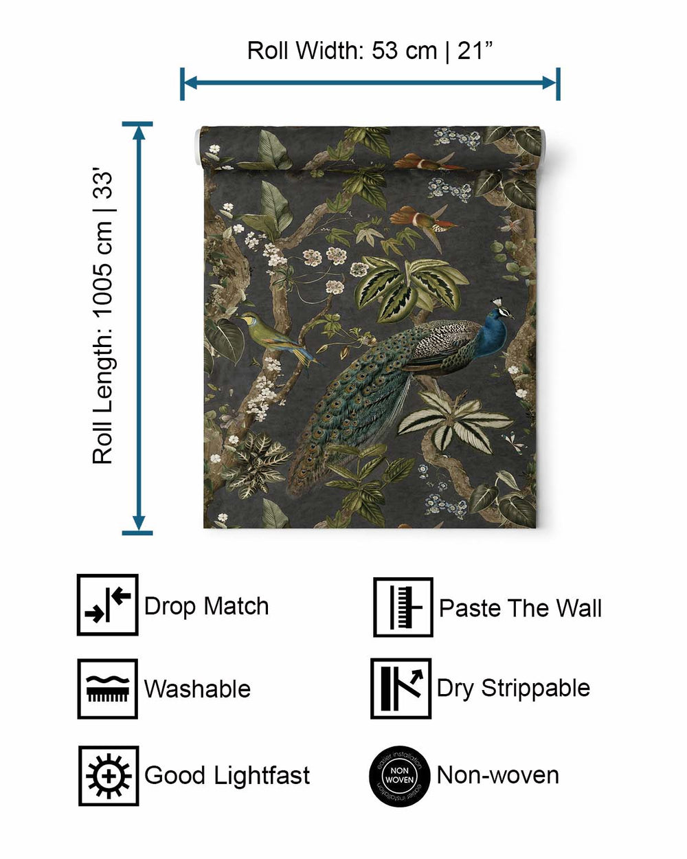 Charcoal Climbing Peacock & Climbing Florals Tropical Wallpaper R8988