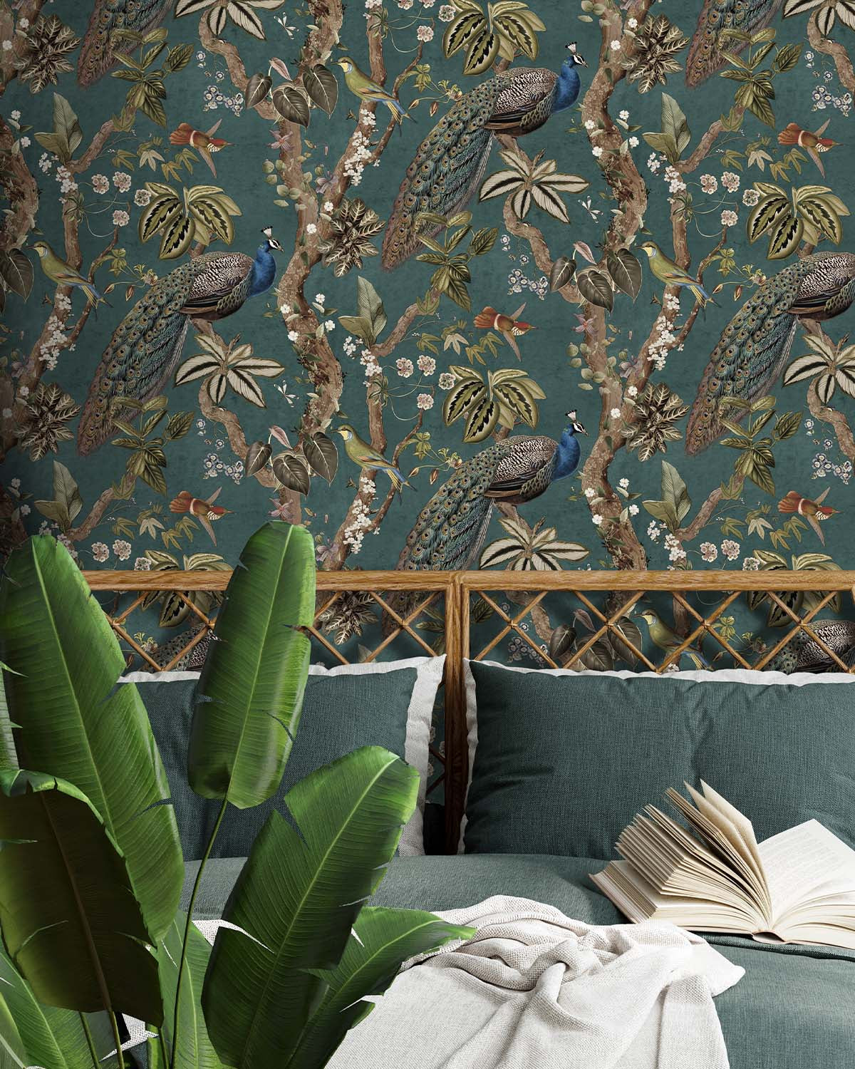 Aqua Climbing Peacock & Climbing Florals Tropical Wallpaper R8989