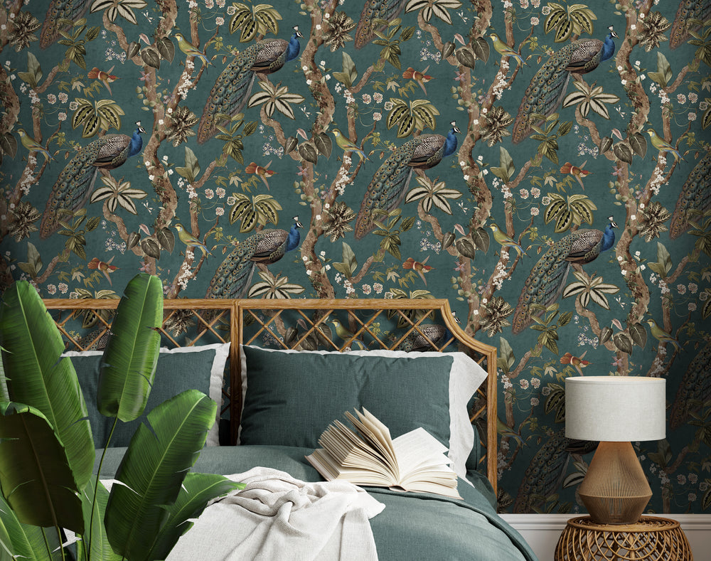Aqua Climbing Peacock & Climbing Florals Tropical Wallpaper R8989