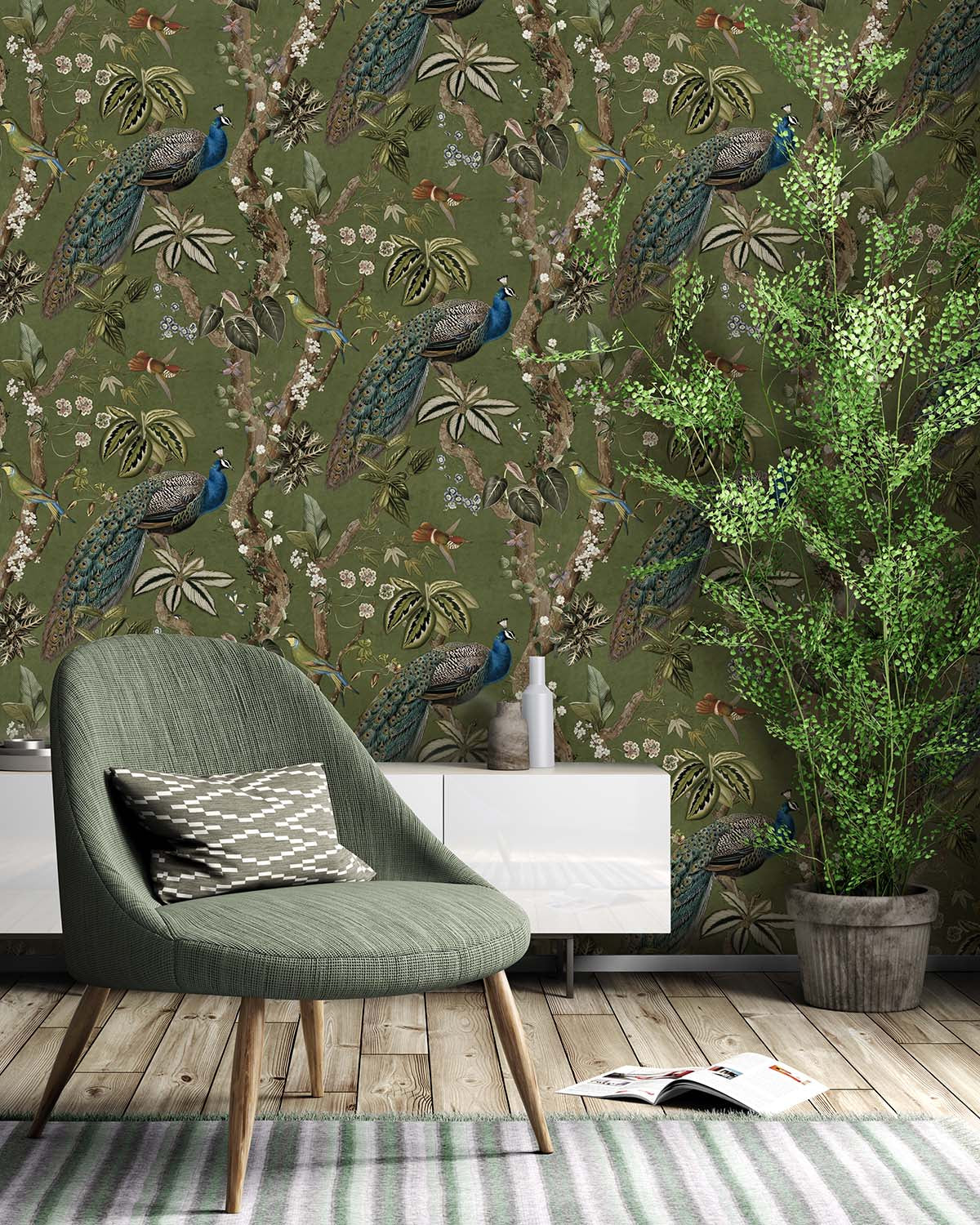 Green Climbing Peacock & Climbing Florals Tropical Wallpaper R8992