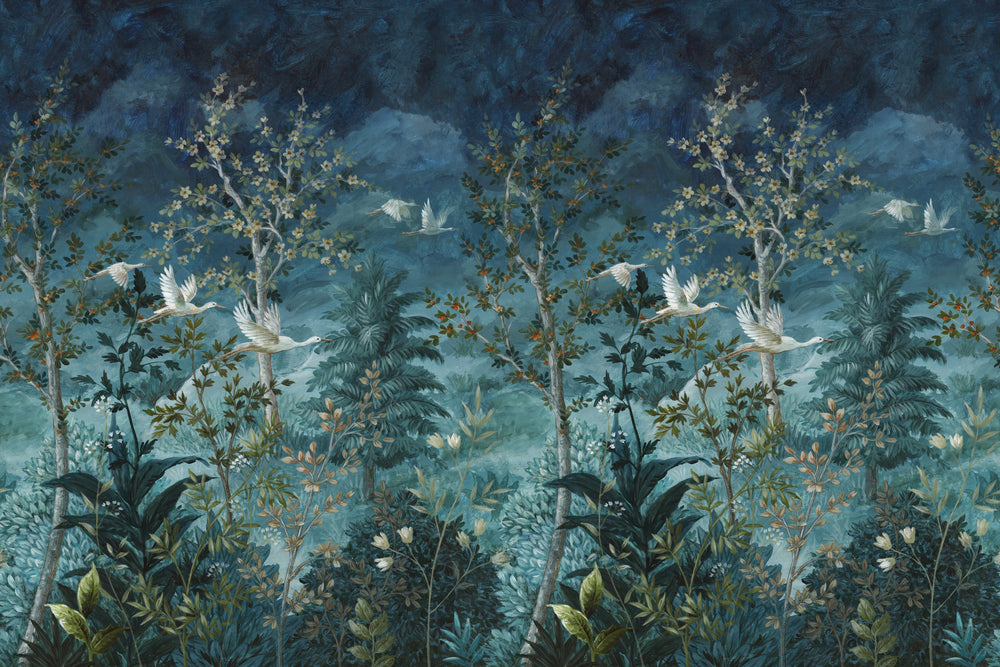 Blue Towering Trees and Midnight Sky Tropical Wallpaper RM9010