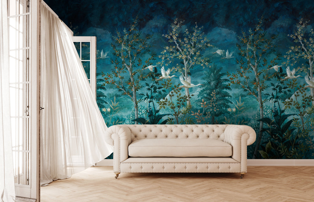 Blue Towering Trees and Midnight Sky Tropical Wallpaper RM9010