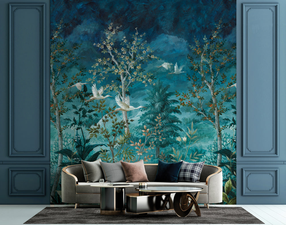 Blue Towering Trees and Midnight Sky Tropical Wallpaper RM9010