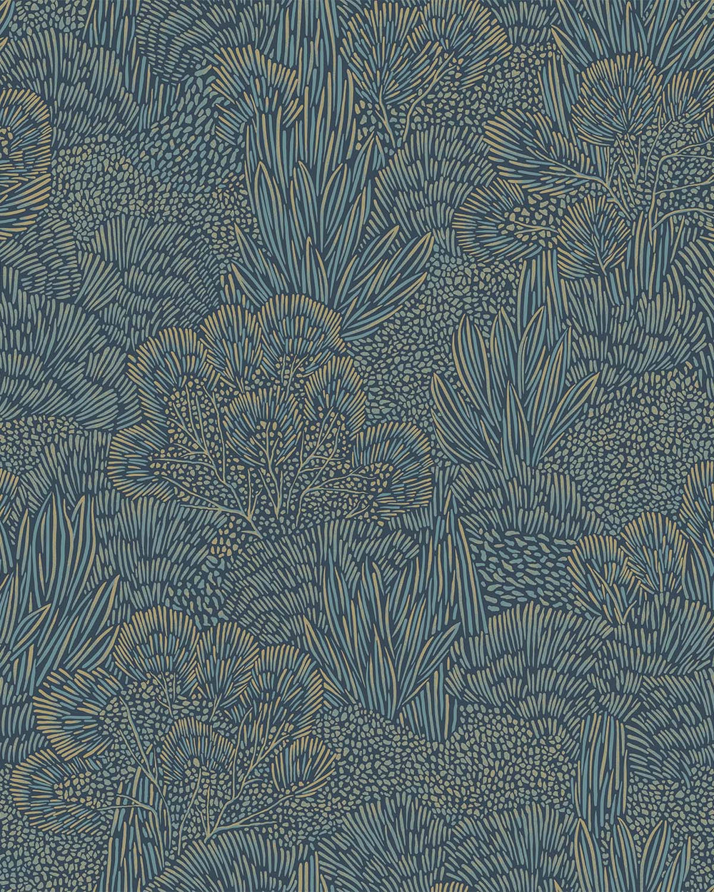 Blue & Gold Embossed Leaves & Trees Tropical Wallpaper R9097