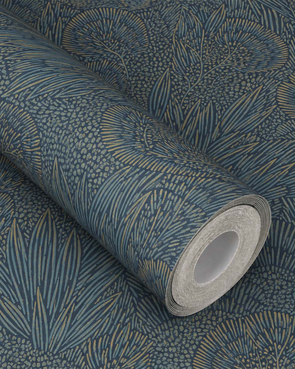 Blue & Gold Embossed Leaves & Trees Tropical Wallpaper R9097