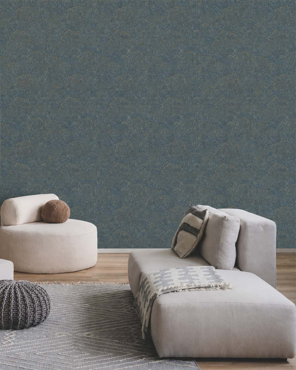 Blue & Gold Embossed Leaves & Trees Tropical Wallpaper R9097