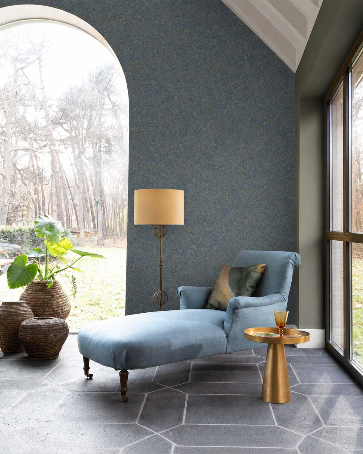 Blue & Gold Embossed Leaves & Trees Tropical Wallpaper R9097