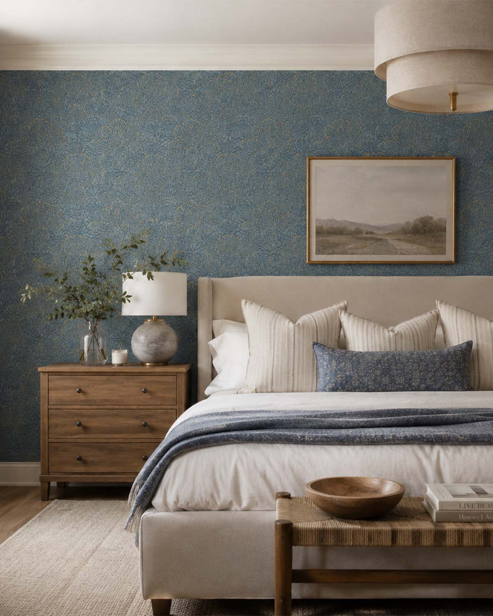 Blue & Gold Embossed Leaves & Trees Tropical Wallpaper R9097