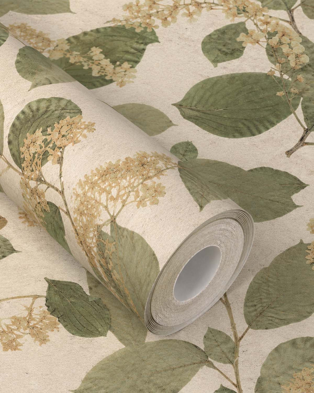 Cream Green Botanical Leaves Wallpaper R9129