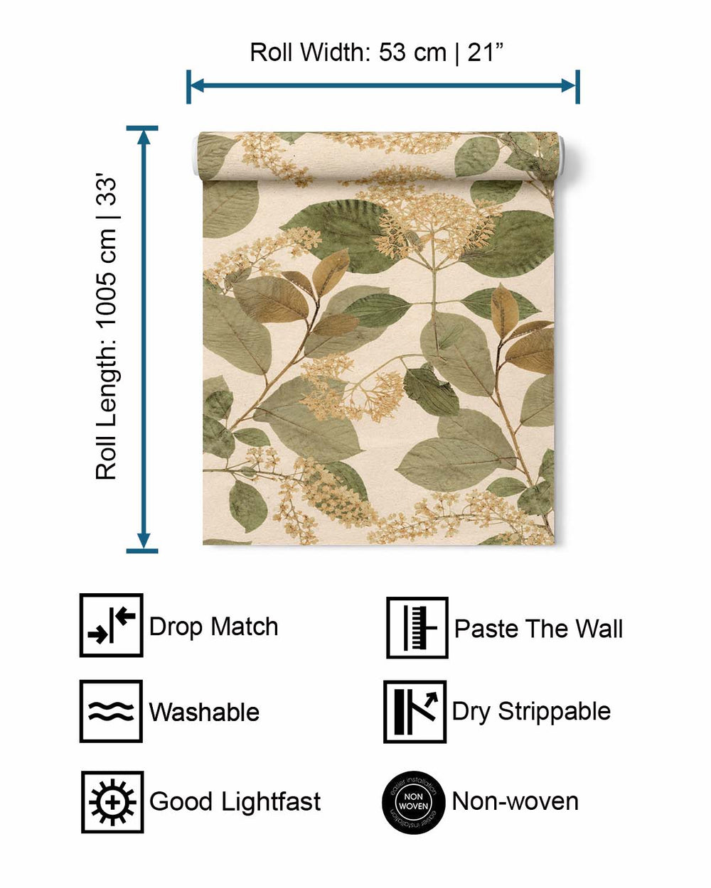 Cream Green Botanical Leaves Wallpaper R9129