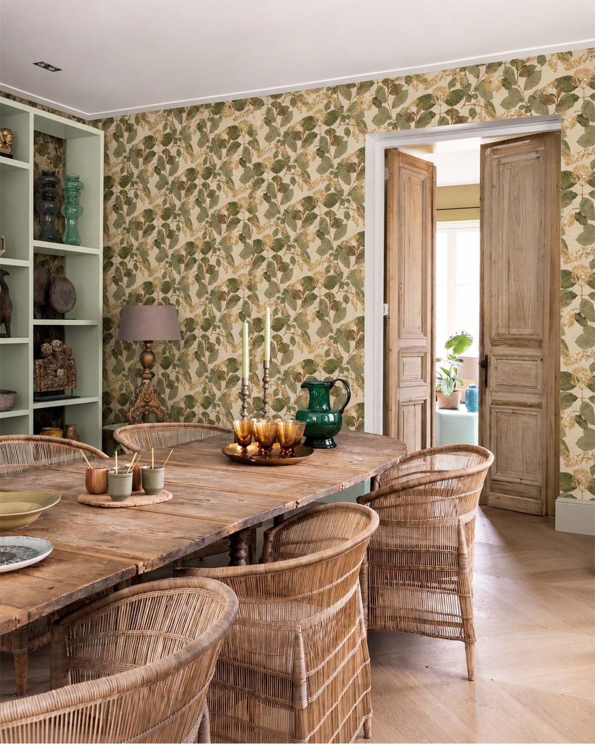 Cream Green Botanical Leaves Wallpaper R9129