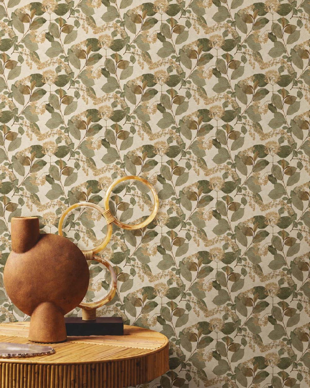 Cream Green Botanical Leaves Wallpaper R9129